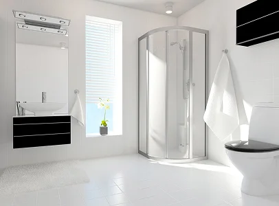 Salle de bain moderne blanche avec douche d'angle, vanité noire et toilettes à Saint-Pathus près de Meaux en Seine-et-Marne 77