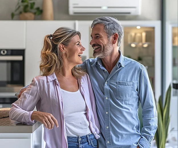 Couple souriant dans une cuisine moderne, l'homme tient la femme par l'épaule.
